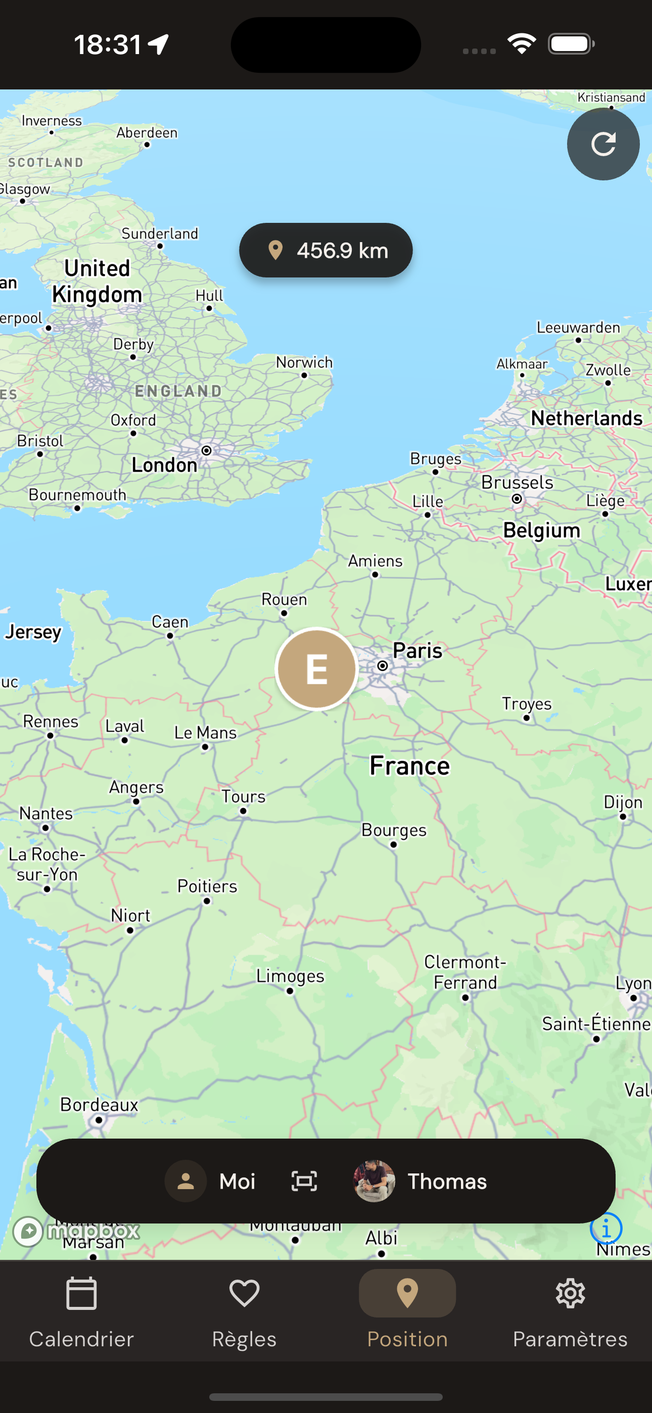 Aperçu du partage de position dans l’application Nous Deux
